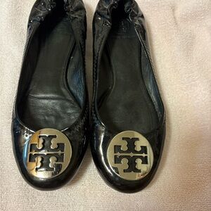 Tory Burch Shiny Black Flats with Silver Logo